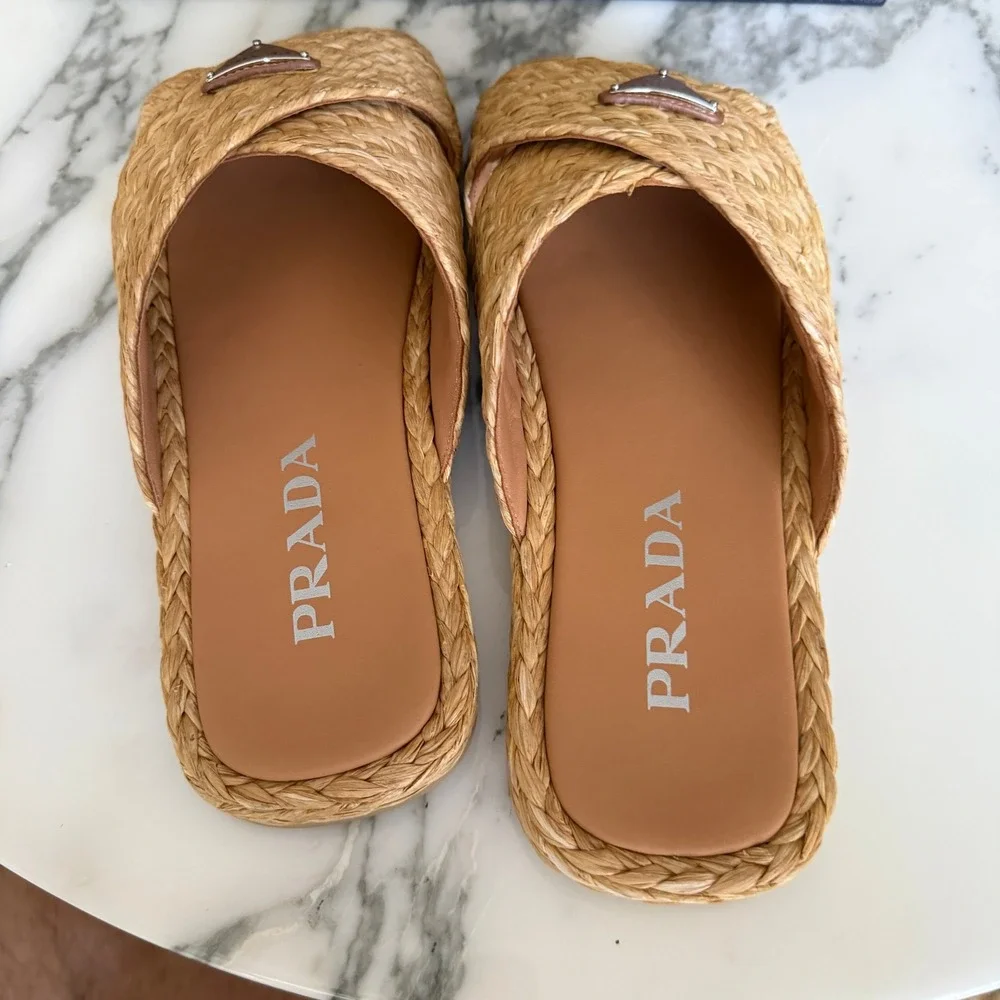 Prada 2X3142 Mens Woven Raffia Cross Strap Slide Sandals Beige Tan UK 7 (FIT LG)